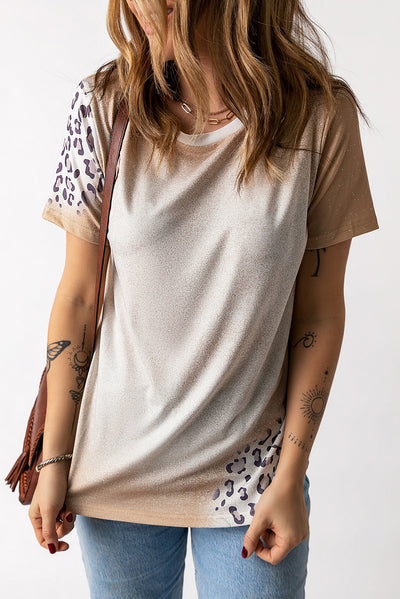 Khaki Bleached Leopard Print Crew Neck T Shirt