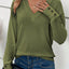 Jungle Green Textured Knit V Neck Button Cuffs Long Sleeve Top