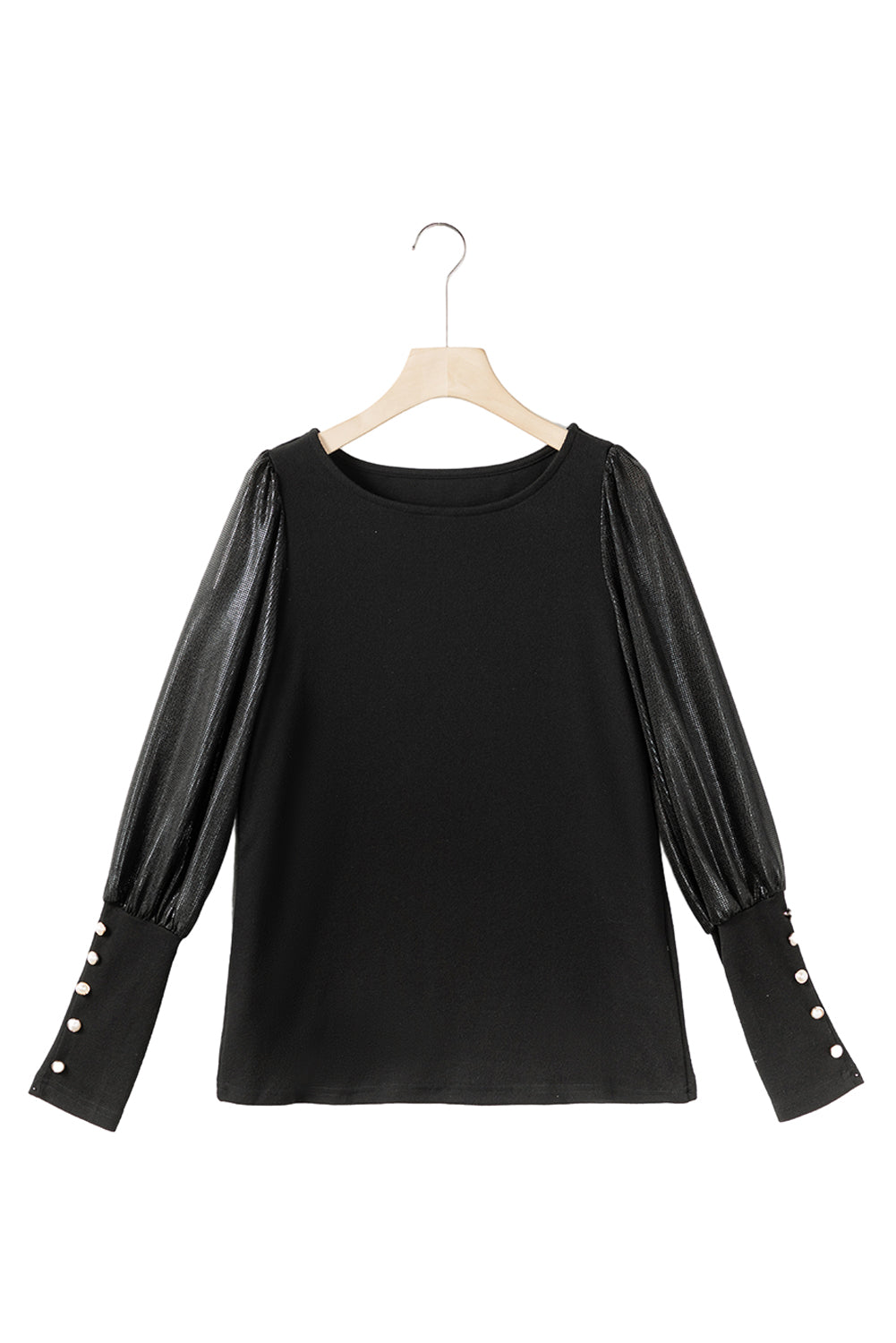 Black Buttoned Cuffs Shiny Puff Sleeves Top