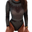 Black Rhinestone Sheer Mesh Long Sleeve Bodysuit