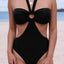 Black Halter O-ring Ruched Bust One Piece Swimsuit