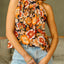 Orange Floral Print Knotted Halter Neck Sleeveless Top