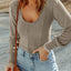 Brown U Neck Textured Long Sleeve Top