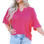 Strawberry Pink Textured Knit Split Neck Cuffed Short Sleeve Top