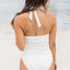 White Solid Halter Neck Backless One Piece Swimsuit