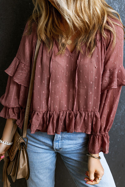 Fiery Red Swiss Dot Lace up V Neck Ruffled Blouse