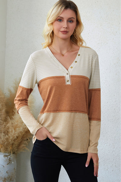 Orange Striped Color Block Henley Top