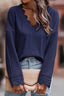 Black Ribbed Texture Lace Trim V Neck Long Sleeve Top