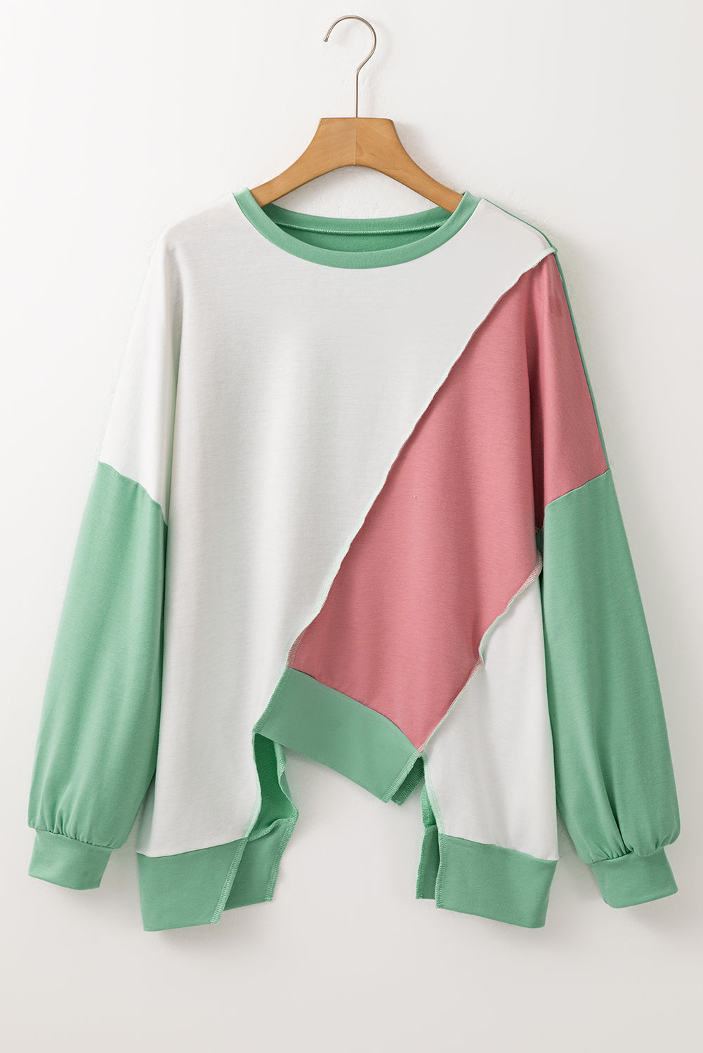 Light French Beige Colorblock Stitching Irregular Hem Long Sleeve Top