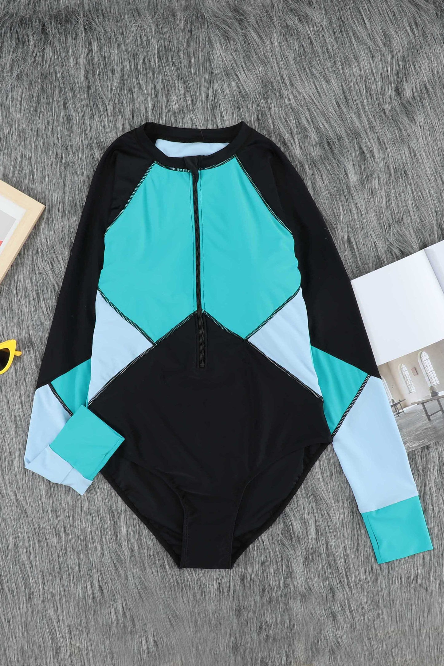 Blue Color Block Zipper Long Sleeve Rash Guard One Piece Swimsuit