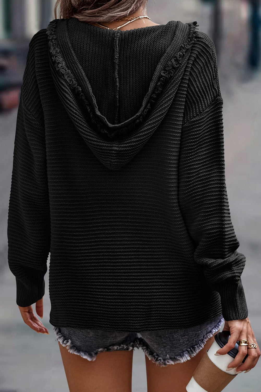 V Neck Ribbed Drop Shoulder Hooded Sweater