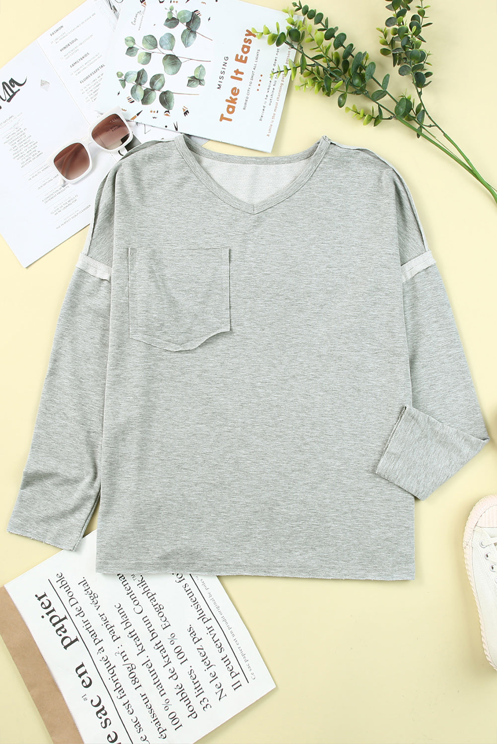 Gray Pocketed Oversized Drop Sleeve Top