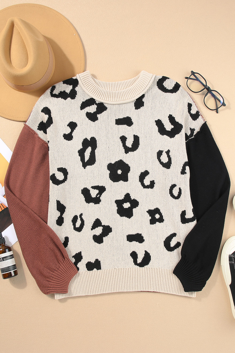 Coffee Leopard Print Colorblock Pullover Sweater