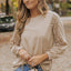 Light French Beige Lace Patch Sleeve Waffle Knit Top