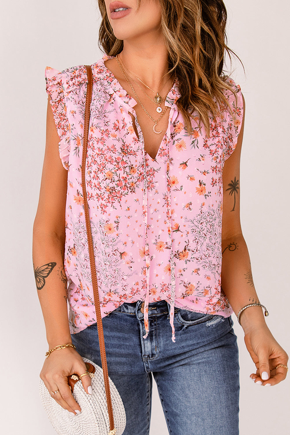 Pink Floral Print Drawstring Frill Trim Sleeveless Top