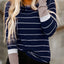 Brown Extend Color Block Cuffs Rib Knit Striped Pullover