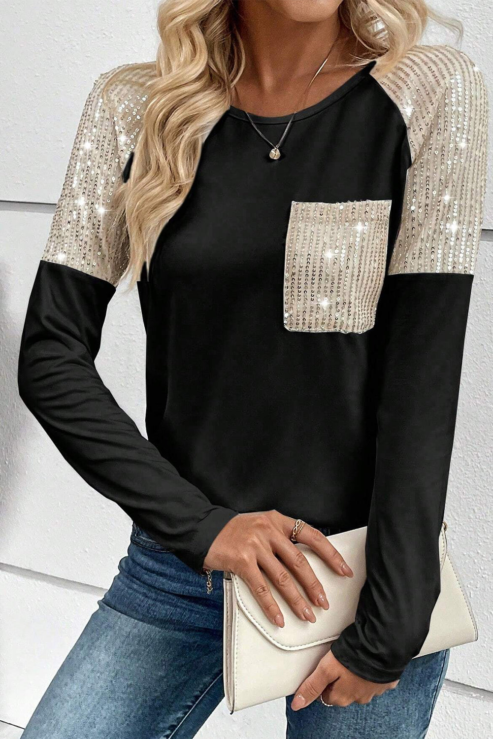 Black Sequin Patch Chest Pocket Raglan Sleeve Top