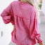 Pink Retro Frilled Seam Crinkle Puff Sleeve Blouse