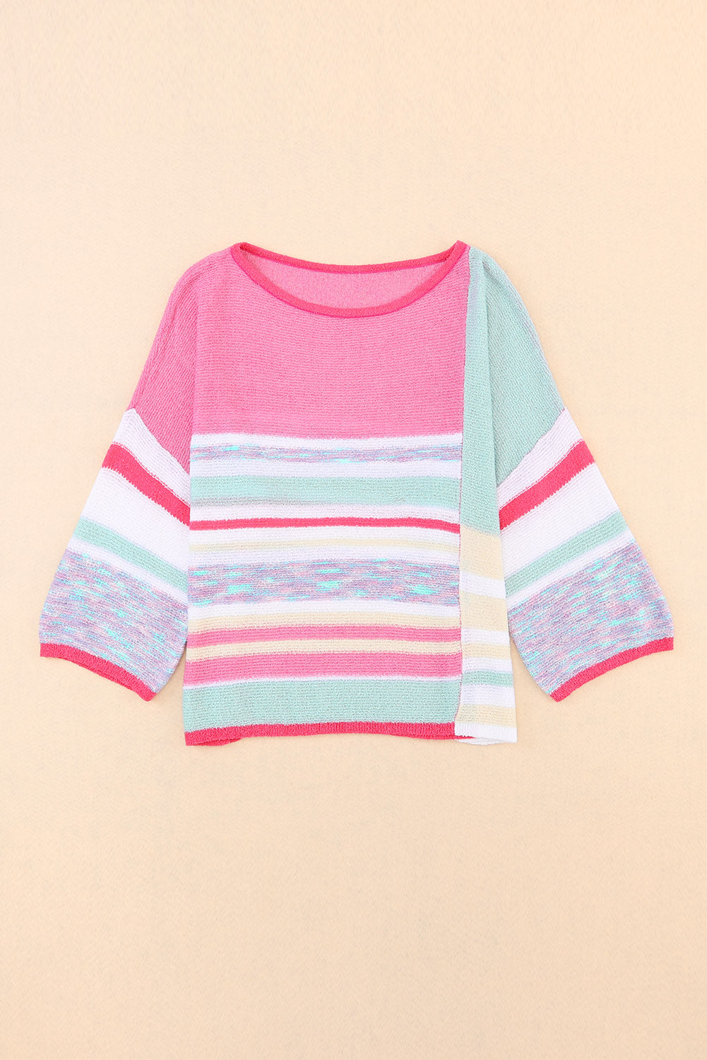 Pink Color Block Striped Three-Quarter Sleeve Knitted Top