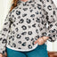 Gray Printed Leopard Balloon Sleeve Thermal Knit Plus Size Top