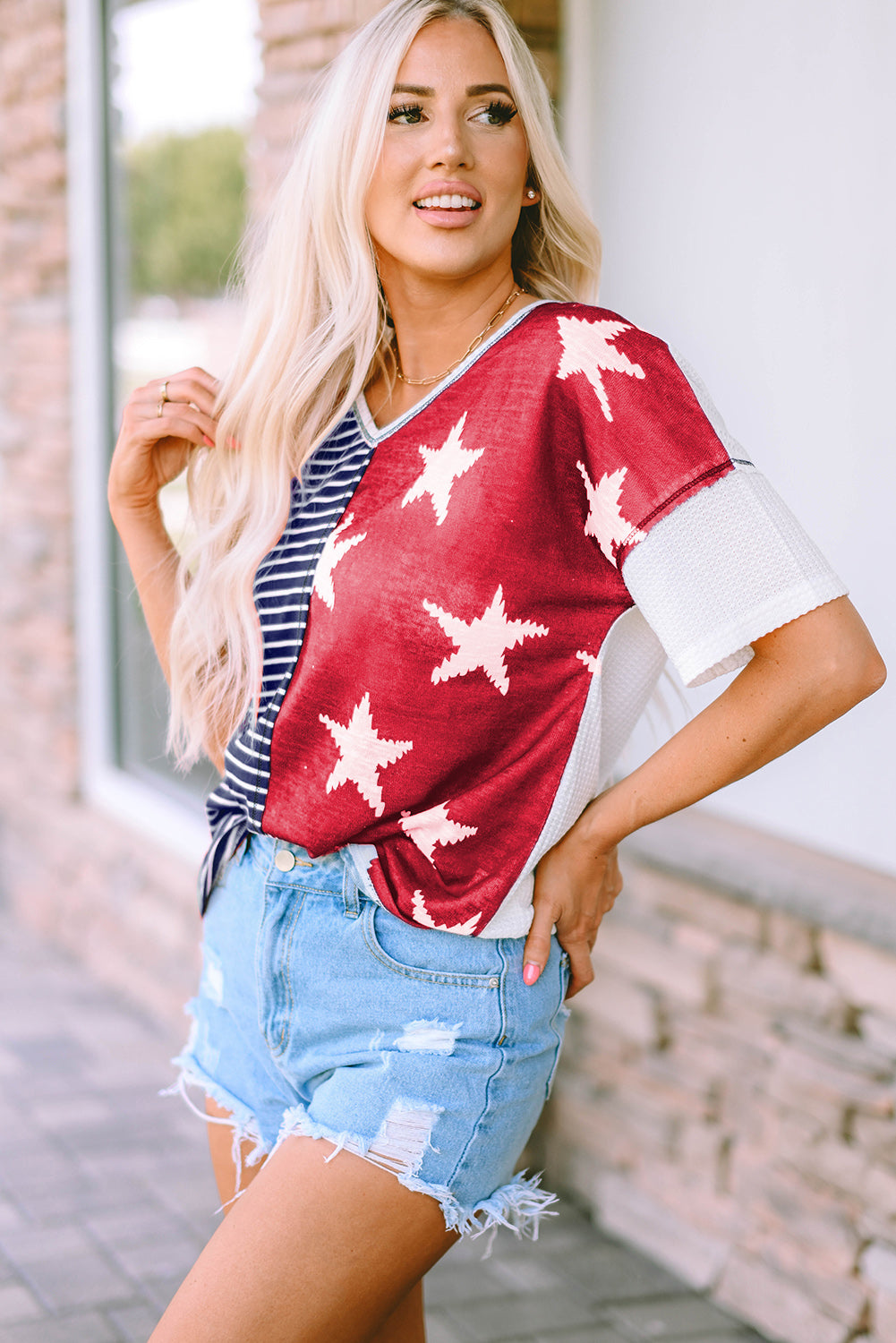 Blue Stripes Stars Print Knit Short Sleeves Top