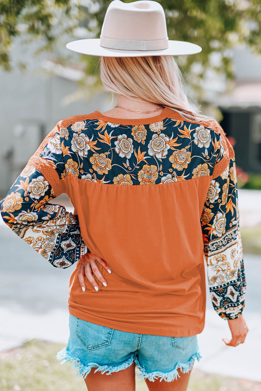 Brown Boho Floral Print Balloon Sleeve Top with Lace Details