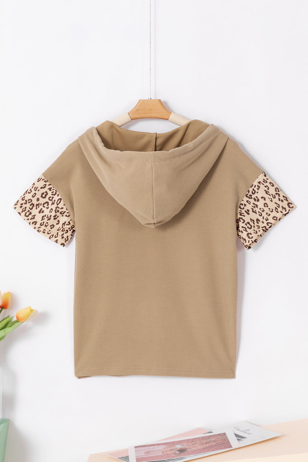 Khaki Leopard Patchwork Drawstring Hooded T Shirt