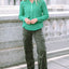 Green Trimmed Neckline Waffle Knit Henley Top