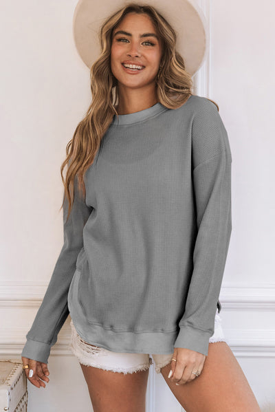 Black Crew Neck Ribbed Trim Waffle Knit Top