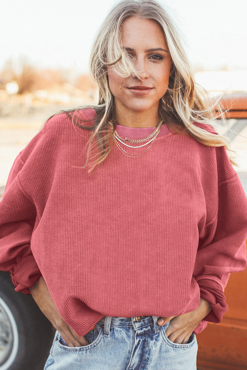 Apricot Ribbed Corded Oversized Sweatshirt