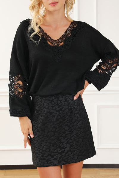 Pink Hollowed Lace Splicing V Neck Loose Sweater