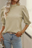 Simply Taupe Vintage Textured Puff Sleeve Mock Neck Top