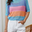 Sky Blue Knitted Eyelet Colorblock Striped Half Sleeves Top