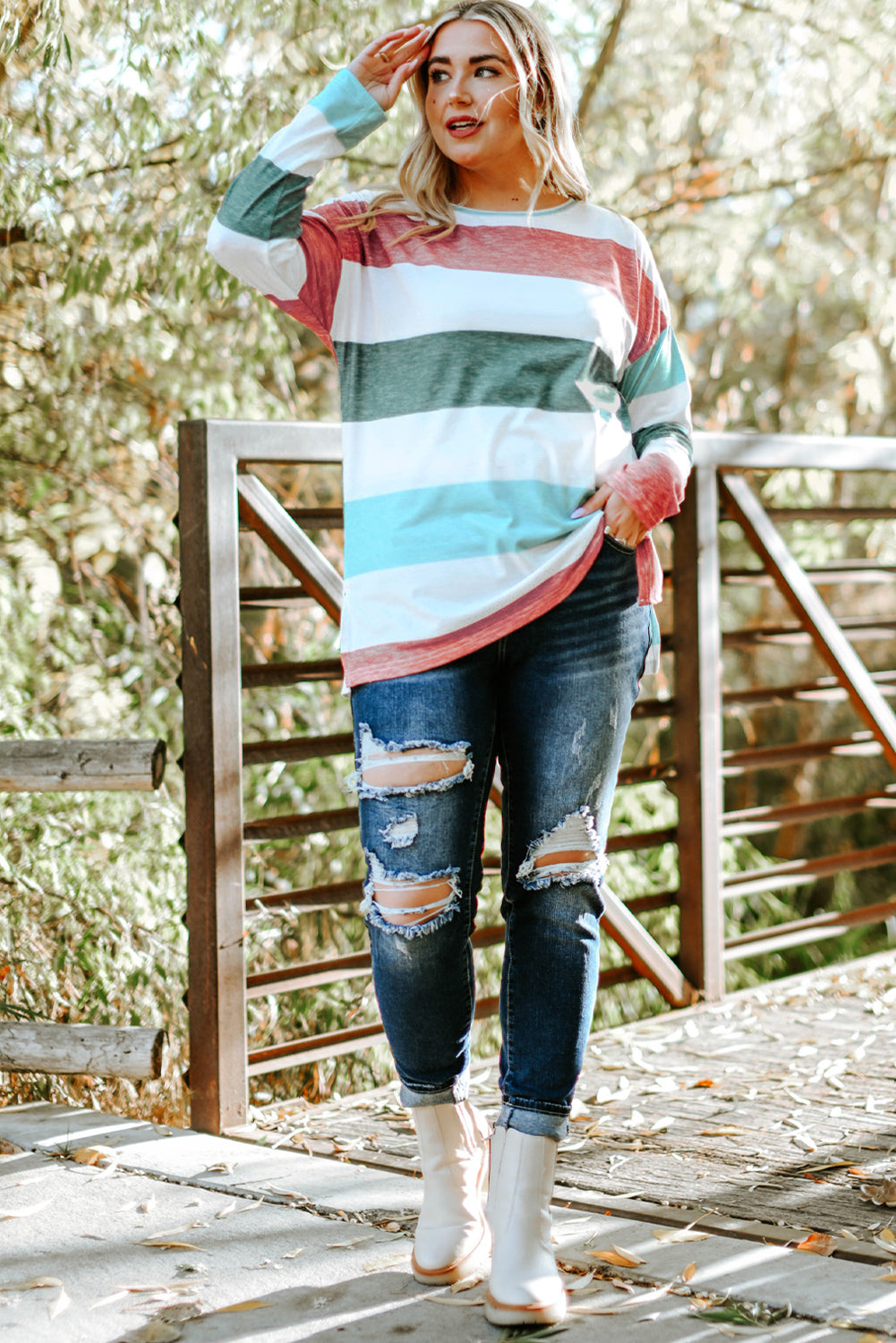 Pink Stripe Plus Size Colorblock Pullover Top