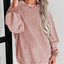 Pink Solid Ribbed Knit Round Neck Pullover Sweatshirt