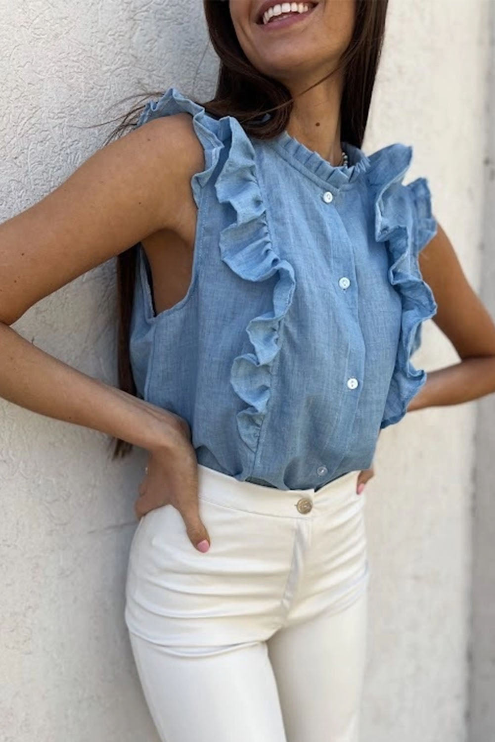 Sky Blue Ruffle Trim Soft Lightweight Sleeveless Shirt