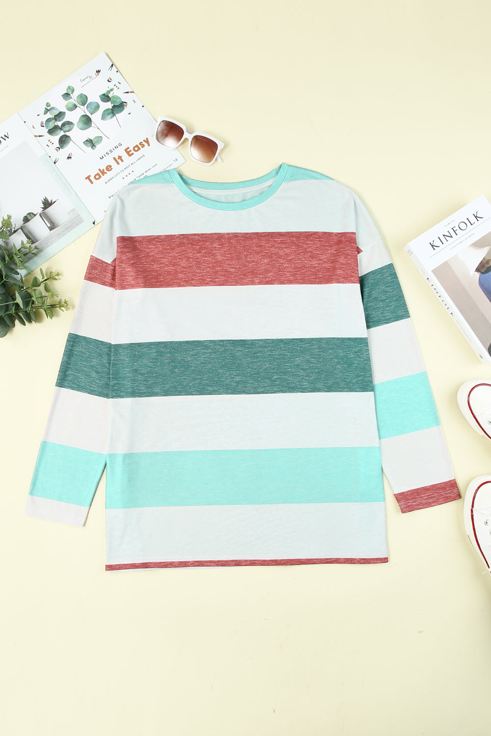 Pink Stripe Plus Size Colorblock Pullover Top