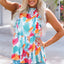 Sky Blue Brush Print Ruffle Trim Peplum Tank Top