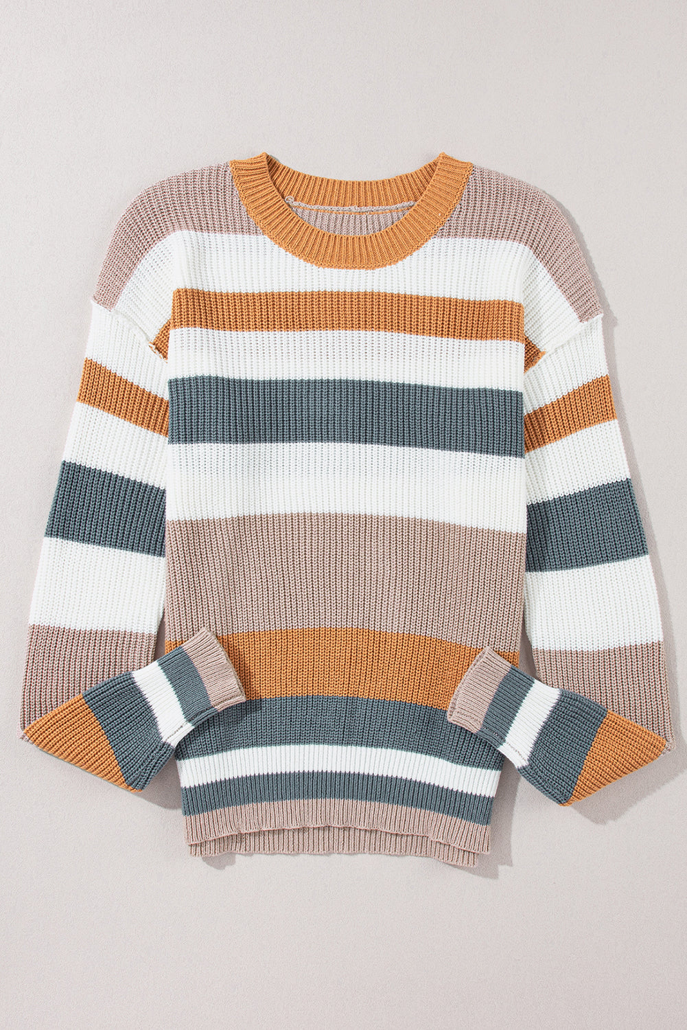 Taupe Classic Round Neck Colorblock Knit Sweater