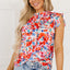 Red Frilled Neck Pleated Boho Floral Tank Top