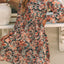 Brown Geometric Print Long Sleeve Surplice Flowy Dress