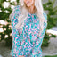 Green Floral Pleated Round Neck Long Sleeve Blouse