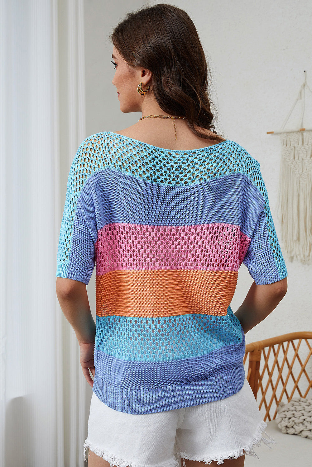 Sky Blue Knitted Eyelet Colorblock Striped Half Sleeves Top