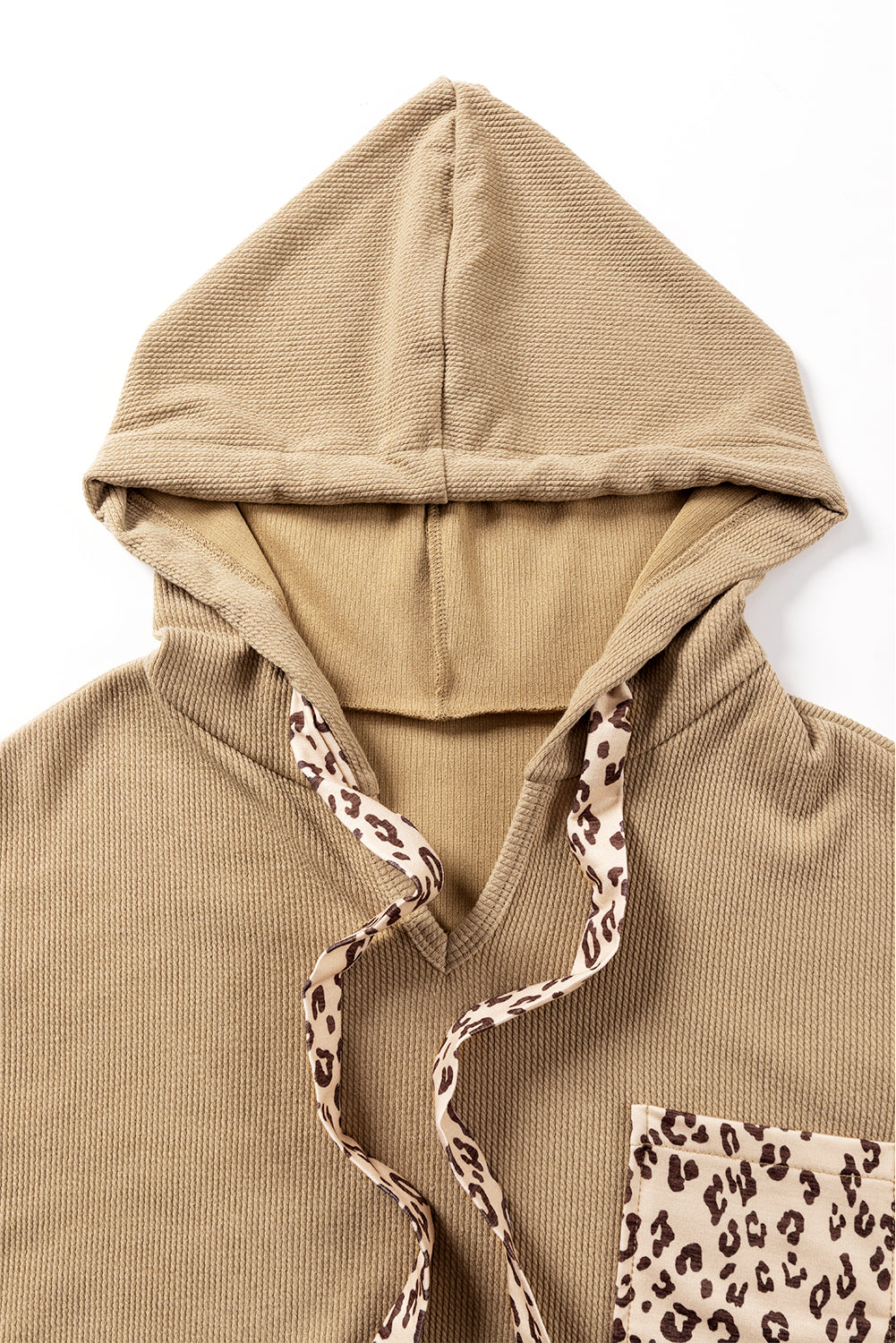 Khaki Leopard Patchwork Drawstring Hooded T Shirt