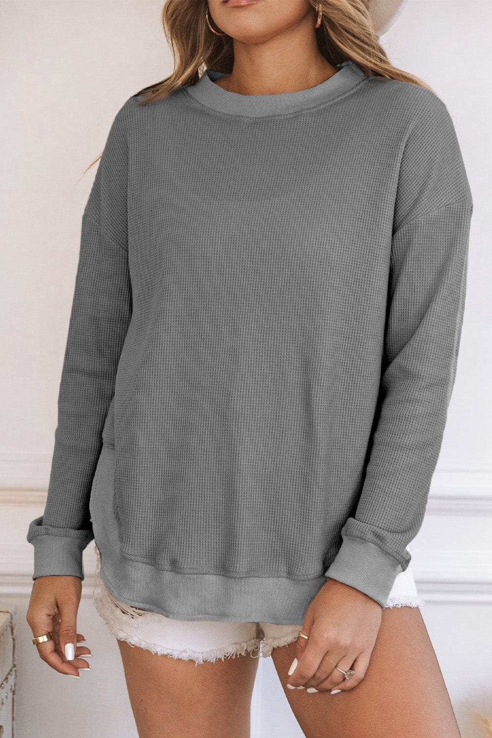 Black Crew Neck Ribbed Trim Waffle Knit Top