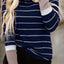 Brown Extend Color Block Cuffs Rib Knit Striped Pullover