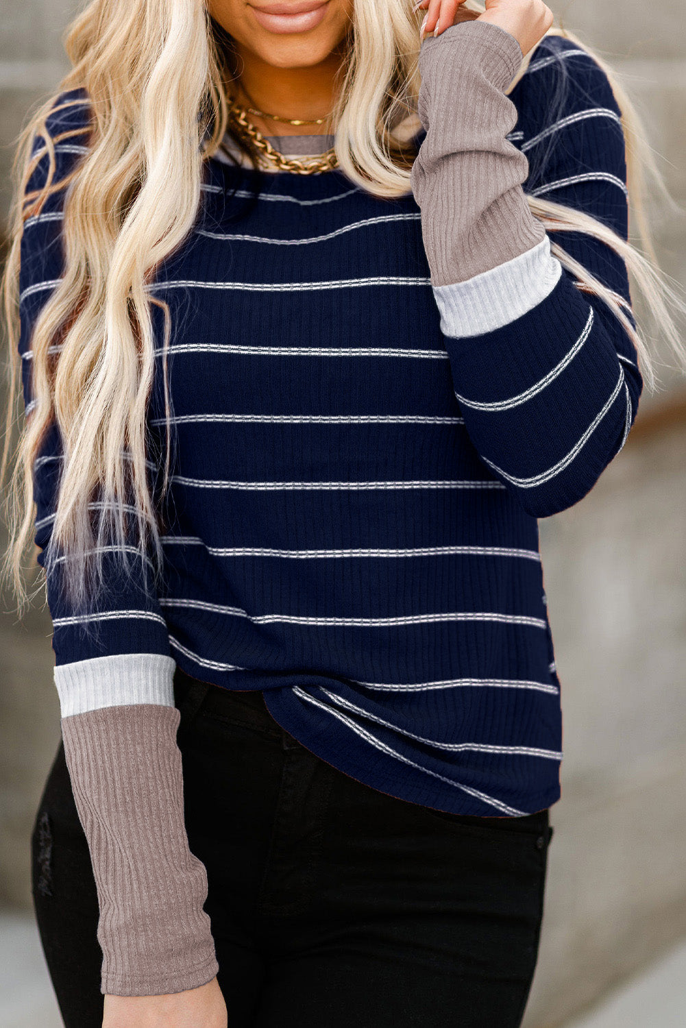 Brown Extend Color Block Cuffs Rib Knit Striped Pullover