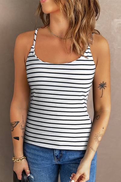 White Stripe Adjustable Straps Ribbed Knit Tank Top