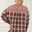 Fiery Red Floral Plaid Mixed Print Bishop Sleeve Patchwork Top