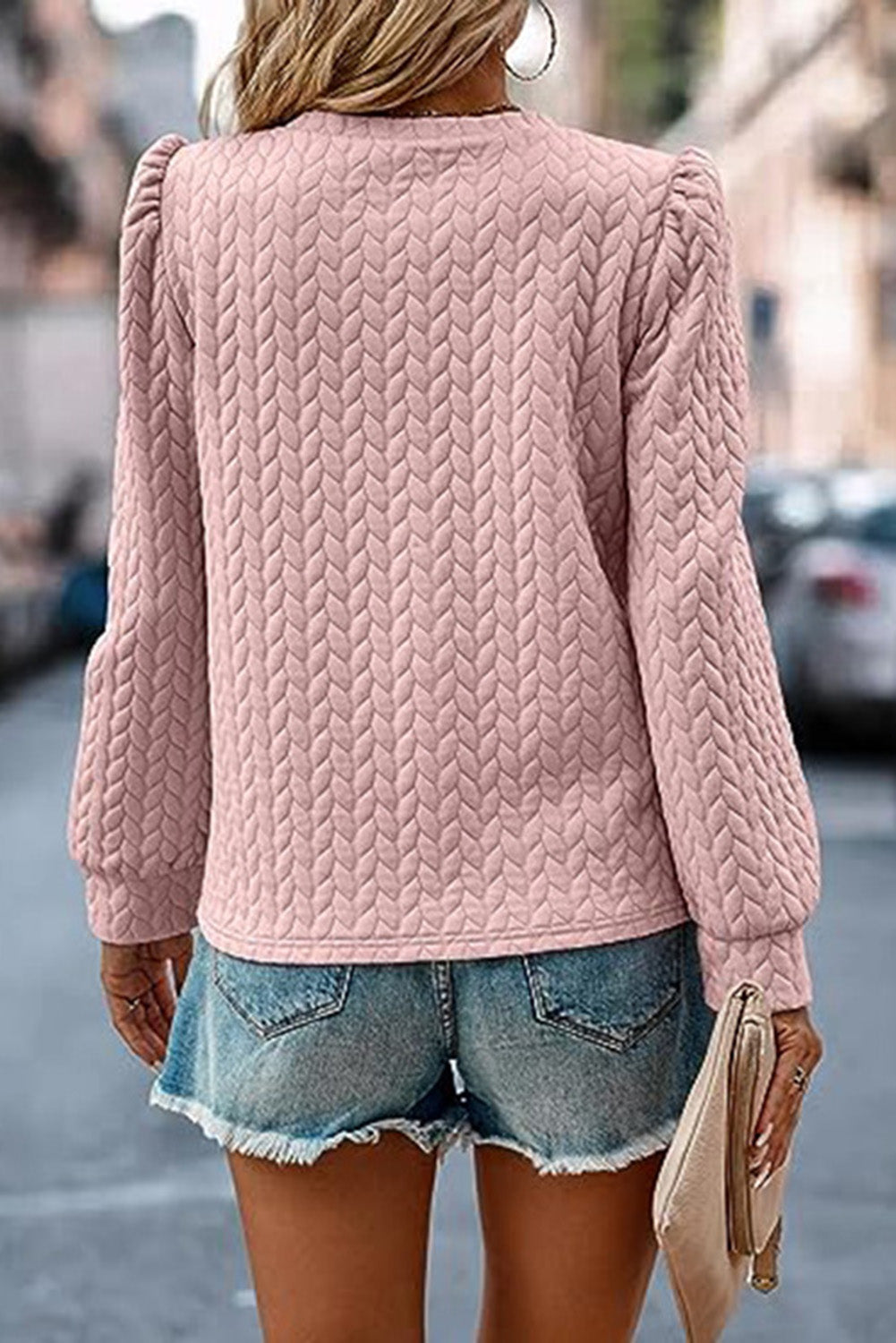 Black Cable Textured Puff Sleeve Sweatshirt